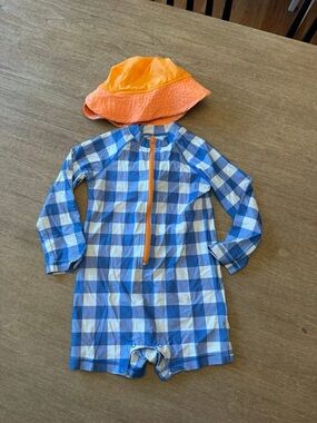 Primary Kids Blue Gingham Long-Sleeve Swim Romper with Orange Zip and Hat